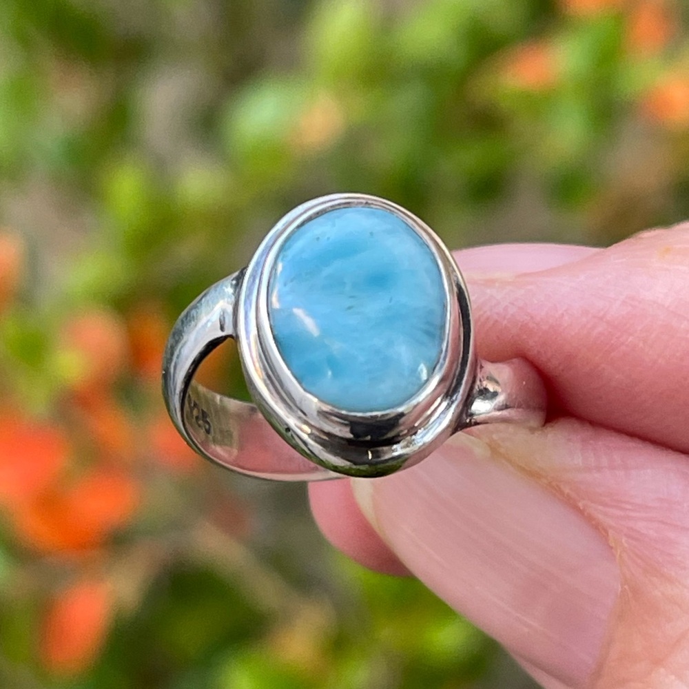 Natural Larimar Solid Sterling Silver Size 7 Ring - image 1